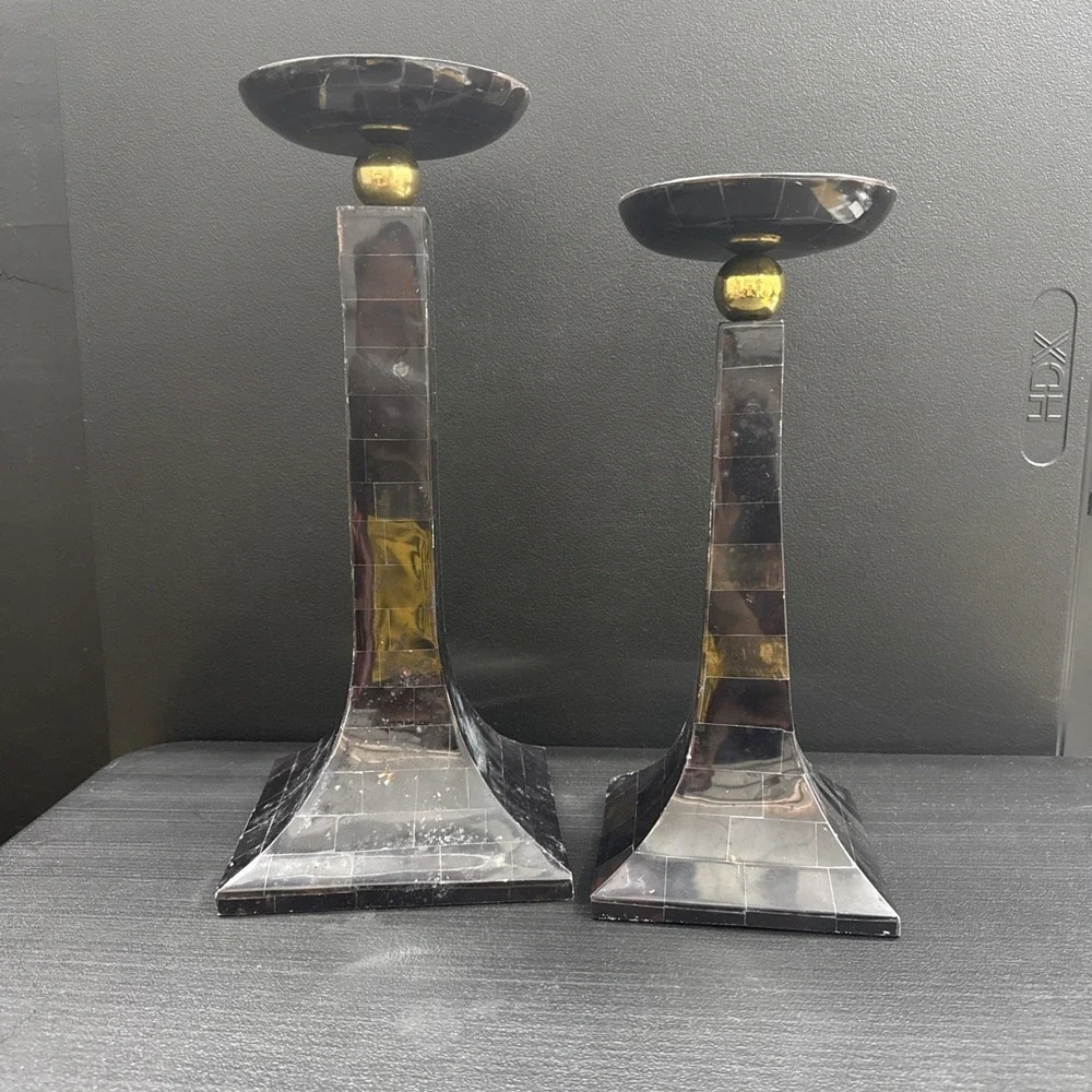 Vintage Handmade in the Philippines Black Stone Mosaic Candle Holders Set of 2